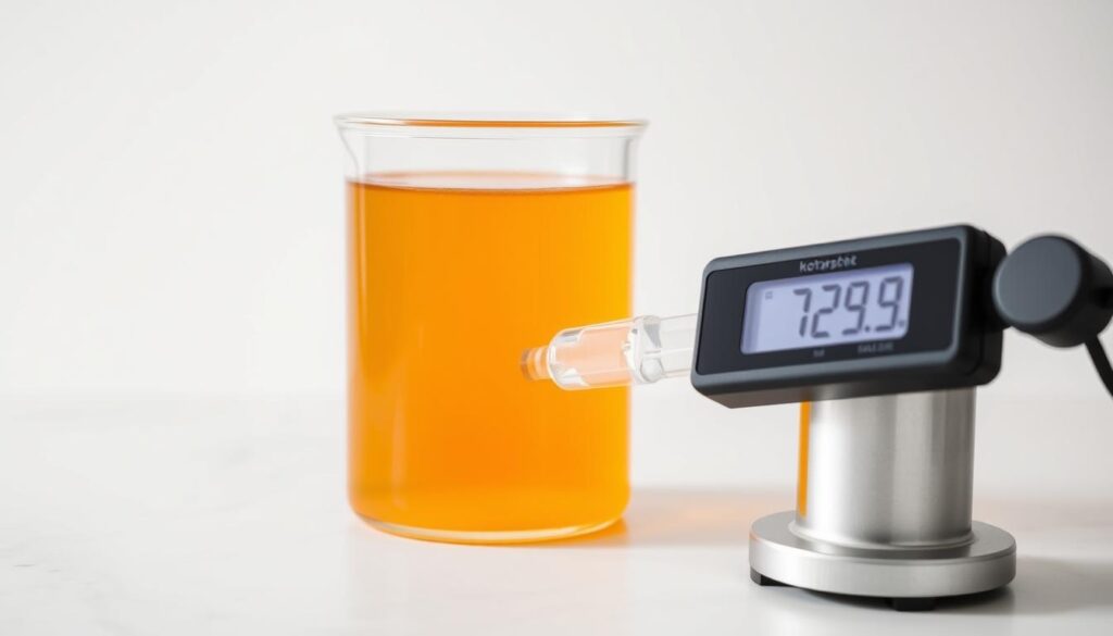 Keto Kombucha Sugar Level Measurement: A glass laboratory beaker filled with a golden-hued kombucha liquid, set against a white background. A digital refractometer with a clear LCD display showcases the precise sugar content reading. Soft, natural lighting illuminates the scene, highlighting the intricate details of the equipment and the clarity of the kombucha. The overall composition conveys a sense of precision, control, and the importance of carefully monitoring the sugar levels in a keto-friendly kombucha recipe.
