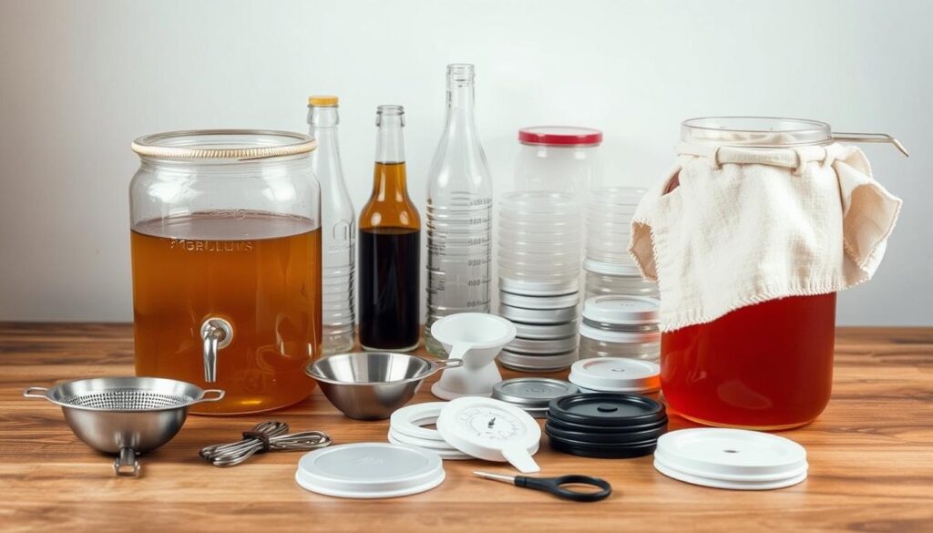 Kombucha Brewing Equipment Setup: A neatly arranged composition showcasing the essential tools for crafting delicious kombucha. In the foreground, a glass brewing vessel with a spigot and a cotton cloth cover rests on a wooden surface. Nearby, a stainless steel strainer, a pH meter, and a hydrometer are carefully displayed. In the middle ground, a stack of glass bottles, a funnel, and a collection of reusable lids and gaskets are meticulously arranged. The background features a neutral, softly-lit environment, emphasizing the clean, organized nature of the setup. The overall scene exudes a sense of precision and attention to detail, capturing the essence of the "Required Equipment and Tools" section for the Keto Kombucha Recipe.